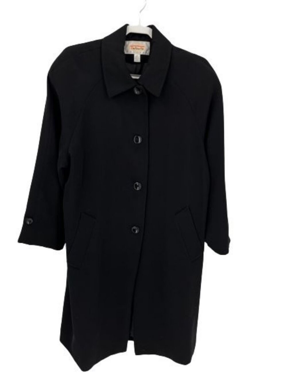 Talbots Ladies Size 14 Petite Long Black Overcoat Button Close  Trench Coat